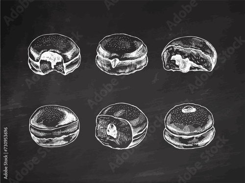 A set of hand-drawn sketches of a traditional German or Polish donut with jam, dusted. Vintage illustration isolated on chalkboard background. Pastry sweets, dessert. Element for the design of labels.