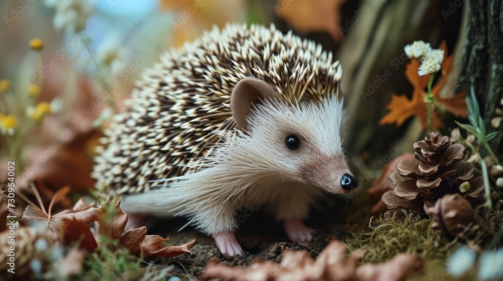 Naklejka premium closeup photography Hedgehog doll, highlighting its prickly charm and tiny paws, arranged in a whimsical woodland scene