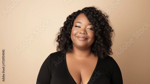 A woman with a radiant smile voluminous curly hair and a black top standing against a neutral beige background.