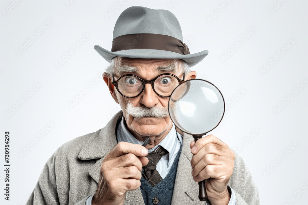 An elderly senior old people, boasting extensive experience in investigation and detective work, dons the classic attire of an investigator in a portrait-style photograph. Generative AI. An elderly senior old people, boasting extensive experience in investigation and detective work, dons the classic attire of an investigator in a portrait-style photograph. Generative AI.