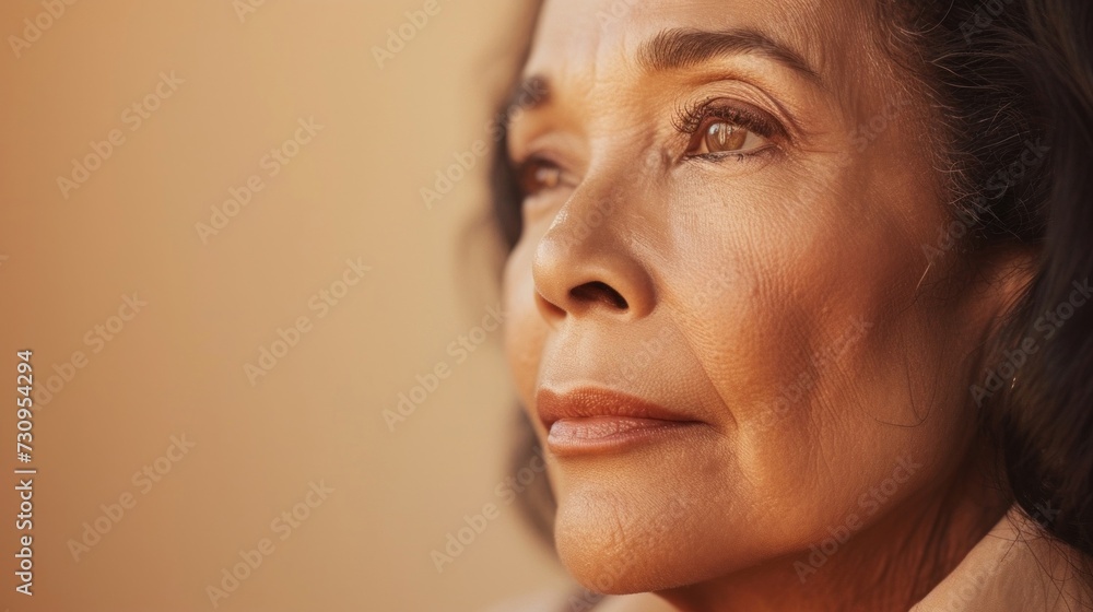 A close-up portrait of a woman with a contemplative expression featuring her eyes nose and lips set against a warm blurred background. A close-up portrait of a woman with a contemplative expression featuring her eyes nose and lips set against a warm blurred background.