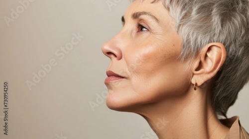 A close-up of a person's face focusing on the profile view from the nose down to the neck.