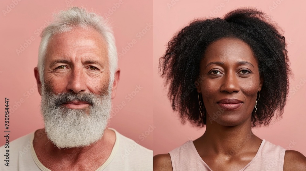 An older Caucasian man with white hair and an adult afro woman both smiling and looking at the camera against a light pink background. An older Caucasian man with white hair and an adult afro woman both smiling and looking at the camera against a light pink background.