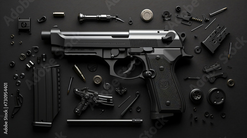 Disassembled handgun on black background.