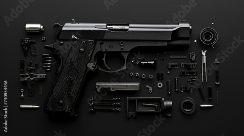 Disassembled handgun on black background.