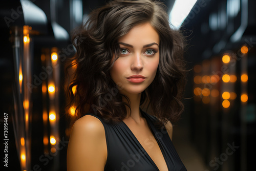 A young woman in a black evening dress.