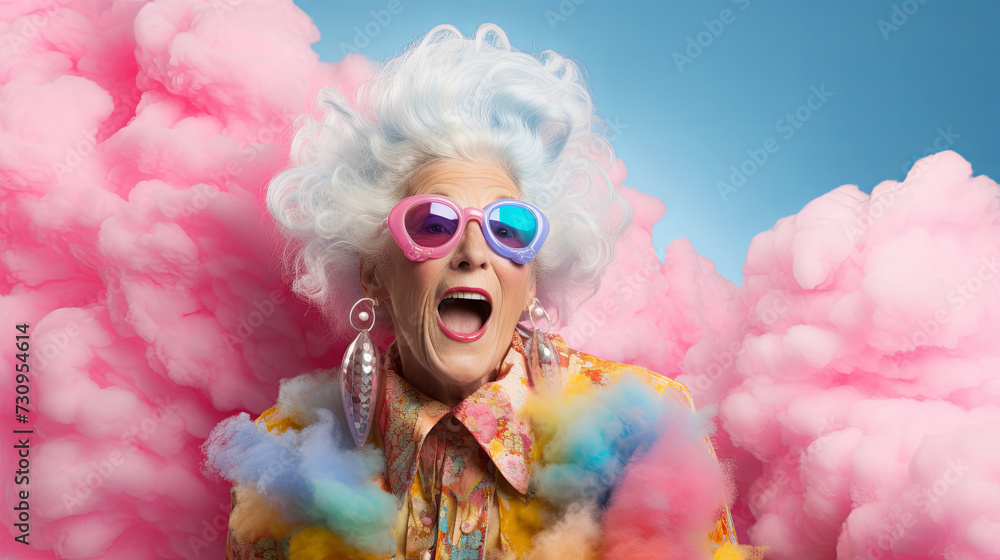 Cool bright senior lady posing isolated in studio against pink puffs of smoke. Mature woman with blue hair wearing sunglasses and massive earrings. Bright page concept