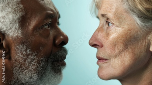 A close-up portrait of two elderly individuals likely a man and a woman facing each other with a focus on their facial features both looking directly at each other. photo