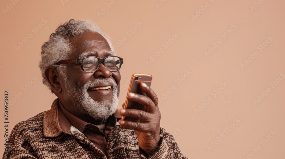 An elderly man with a white beard and glasses wearing a patterned jacket smiling and holding a smartphone possibly engaged in a conversation or viewing content on the device. - obrazy, fototapety, plakaty 