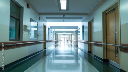 A long hallway in a hospital with glass doors
