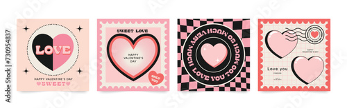 Happy Valentine's day love square cover vector set. Romantic symbol wallpaper of geometric shape pattern, heart shaped icon. Love illustration for greeting card, web banner, package, cover, fabric.