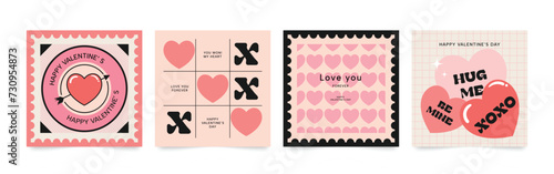 Happy Valentine's day love square cover vector set. Romantic symbol wallpaper of geometric shape pattern, heart shaped icon. Love illustration for greeting card, web banner, package, cover, fabric.