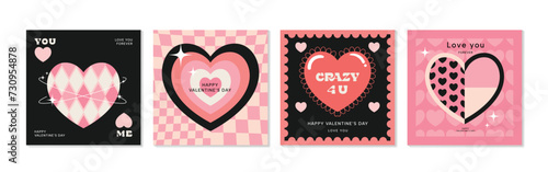 Happy Valentine's day love square cover vector set. Romantic symbol wallpaper of geometric shape pattern, heart shaped icon. Love illustration for greeting card, web banner, package, cover, fabric.