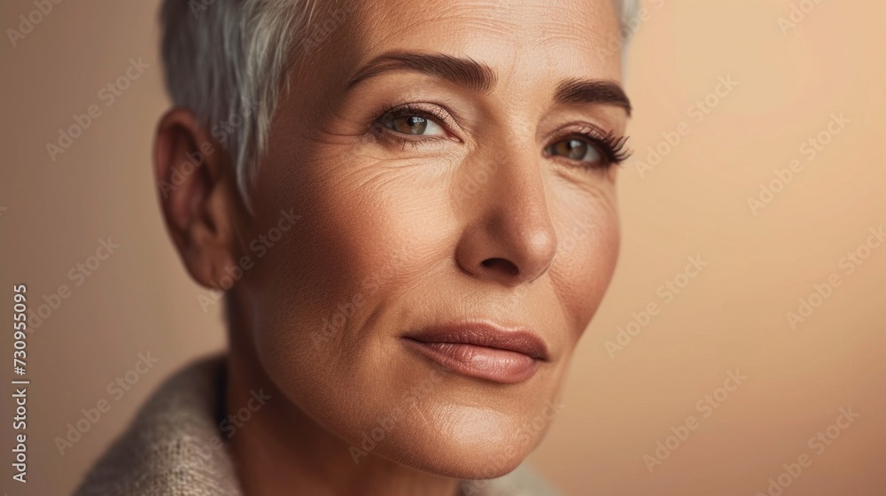 A close-up portrait of a woman with short silver hair showcasing her gentle expression and the subtle lines and wrinkles that speak to her wisdom and experience. A close-up portrait of a woman with short silver hair showcasing her gentle expression and the subtle lines and wrinkles that speak to her wisdom and experience.
