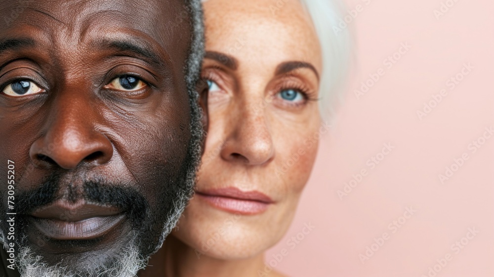 A close-up portrait of two individuals one with dark skin and the other with light skin both with visible aging features such as wrinkles and gray hair. A close-up portrait of two individuals one with dark skin and the other with light skin both with visible aging features such as wrinkles and gray hair.