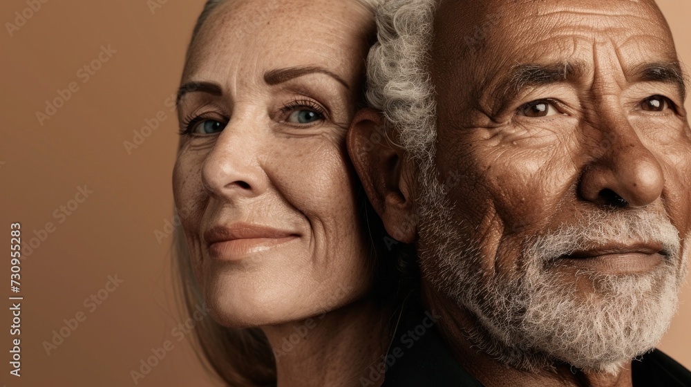 A man and a woman with a warm and serene expression. A man and a woman with a warm and serene expression.