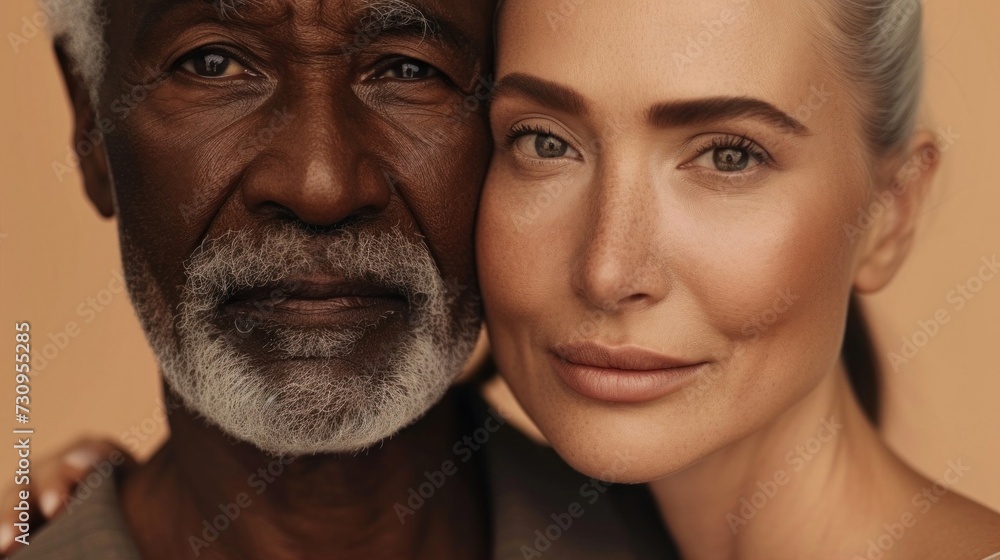 Close-up portrait of an elderly man and an adult woman with fair skin both sharing a warm and affectionate moment possibly a father and daughter set against a soft-focus neutral background. Close-up portrait of an elderly man and an adult woman with fair skin both sharing a warm and affectionate moment possibly a father and daughter set against a soft-focus neutral background.