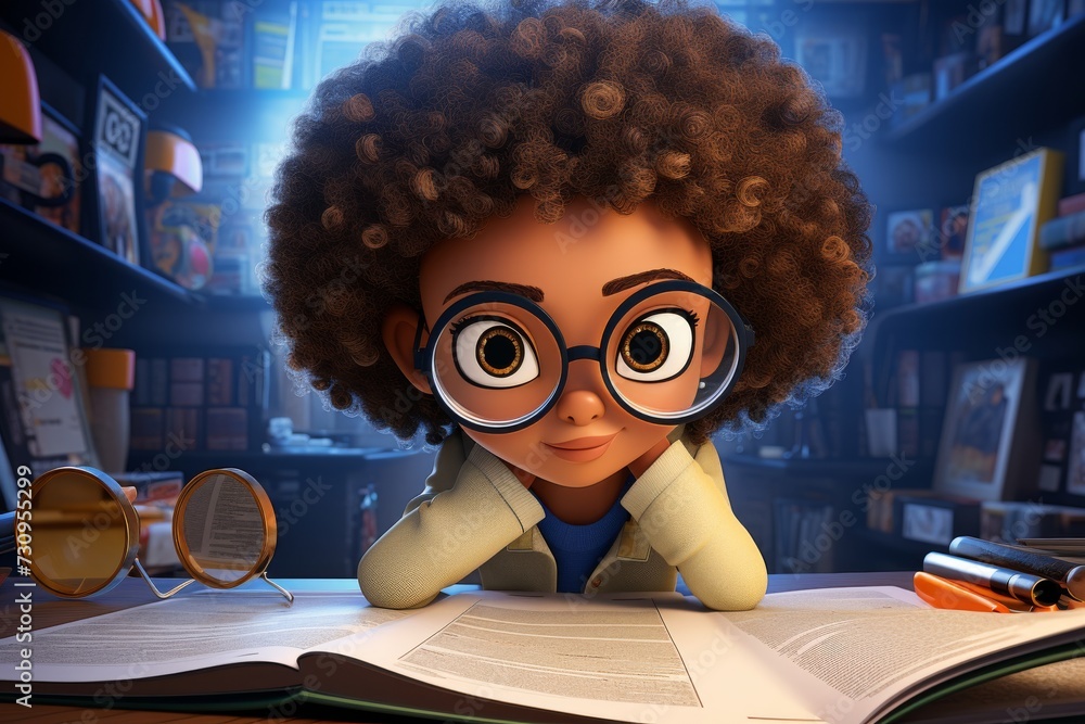 3D cartoon character animated resembling youthful detective in training, confidently poses for crafted portrayal, displaying enthusiasm for mastering investigative techniques. Generative AI. 3D cartoon character animated resembling youthful detective in training, confidently poses for crafted portrayal, displaying enthusiasm for mastering investigative techniques. Generative AI.