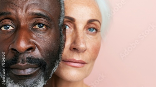 A close-up portrait of two individuals one with dark skin and the other with light skin both with visible aging features such as wrinkles and gray hair.