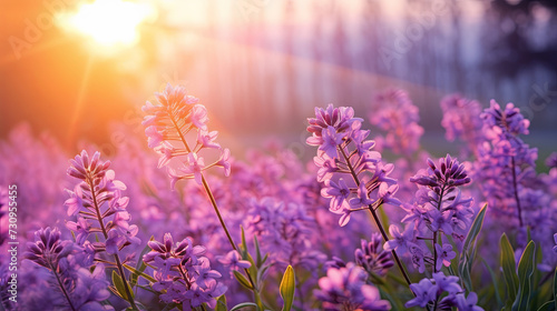 Spring purple flowers in the field in the rays of sunlight. Summer meadow at sunrise. Close up of aromatic herbs. purple flowers of decorative sage field
