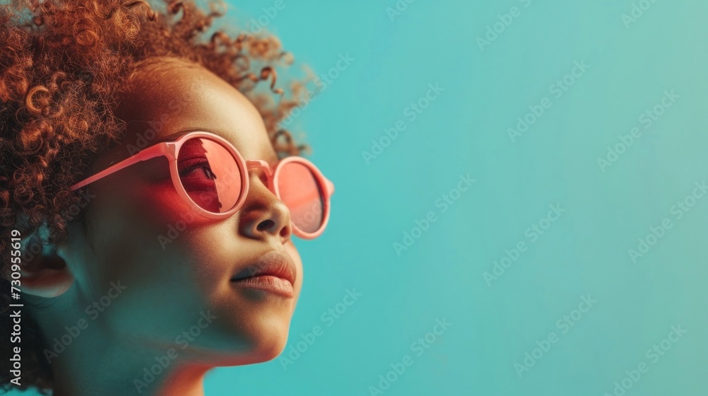 A young child with curly hair wearing pink sunglasses gazing upwards with a contemplative expression against a vibrant teal background. A young child with curly hair wearing pink sunglasses gazing upwards with a contemplative expression against a vibrant teal background.