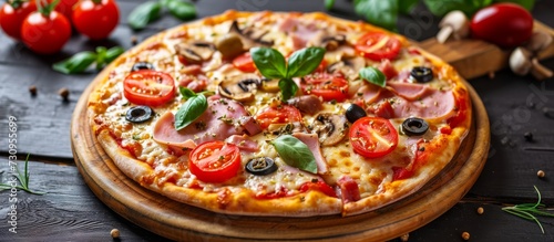 Round wooden plate holding pizza topped with tomato, olives, mushrooms, ham, and cheese.