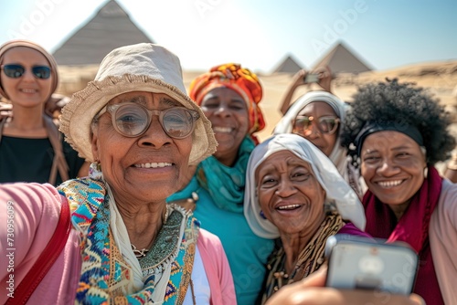Group of senior multiethnic female friends taking selfie in vacation at The Pyramids of Giza. photo