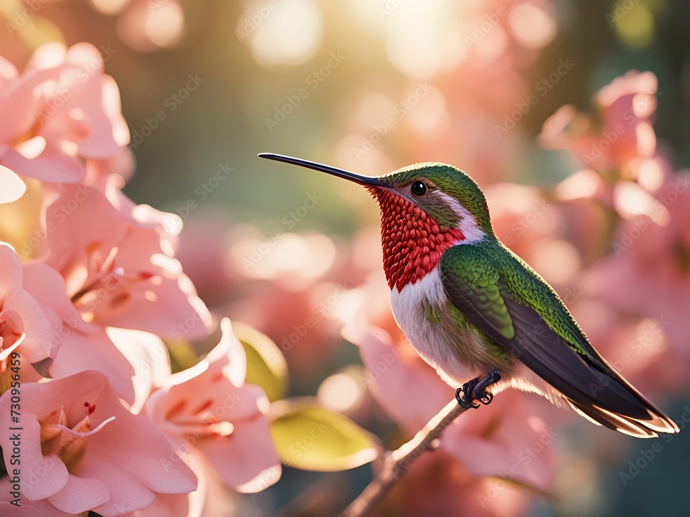 Fototapeta premium Perched hummingbird. Small colorful bird on flower. Blooming flower.