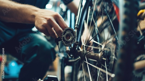 Essential Workshop Tools with a Background of a Bicycle Mechanic Repairing a Wheel: Bicycling, Repair, Wheel Service,