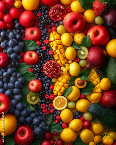 Background of bright fruits. Ripe fruits apples, bananas, grapes, kiwi, avocado, raspberry on a stone background. Copy space.
