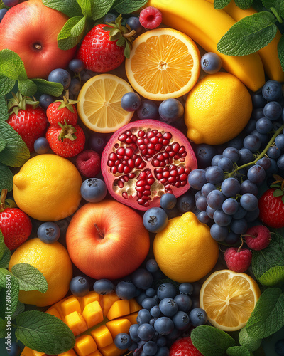 Background of bright fruits. Ripe fruits apples  bananas  grapes  kiwi  avocado  raspberry on a stone background. Copy space.