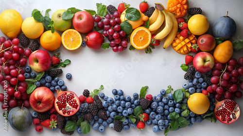 Horizontal background of bright fruits. Ripe fruits apples, bananas, grapes, kiwi, avocado, raspberry on a stone background. Copy space.