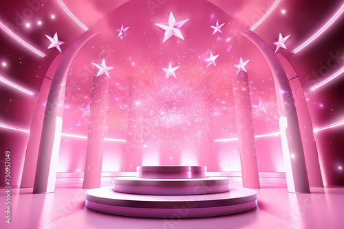 Pink podium 3d illustration background , mock up display with sparkle and glitter for beauty products or holiday event.	