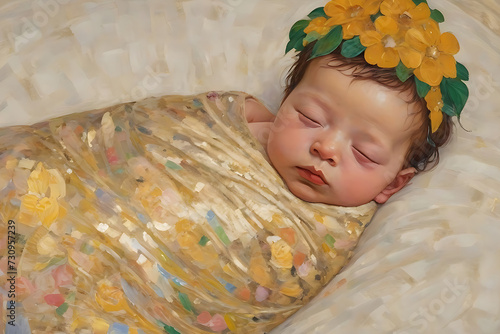 Im Stil von Gustav Klimt gemaltes Wickel Baby mit Sonnenblumen Krone