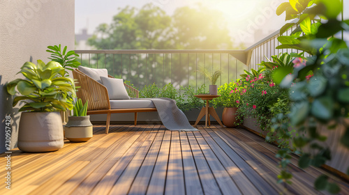 A verdant roof balcony on the roof of an apartment building in the city center. Best lifestyle, elegant life image.