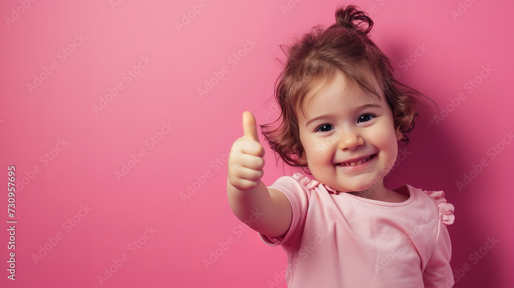 A happy toddler exudes positivity with a playful thumbs-up gesture, complemented by a cheerful pink hue A happy toddler exudes positivity with a playful thumbs-up gesture, complemented by a cheerful pink hue