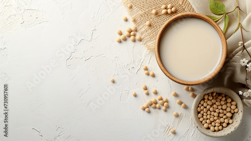 A big copy space with There is a cup of soybean milk on the white background