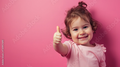 A happy toddler exudes positivity with a playful thumbs-up gesture, complemented by a cheerful pink hue