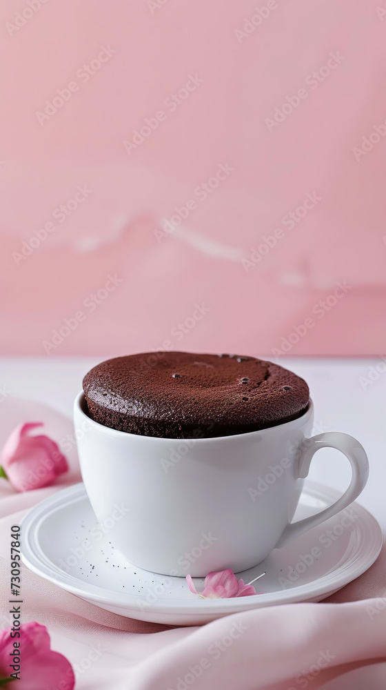 chocolat Keto Mugcake served on a white cup on a white table and a pink wall in the background chocolat Keto Mugcake served on a white cup on a white table and a pink wall in the background