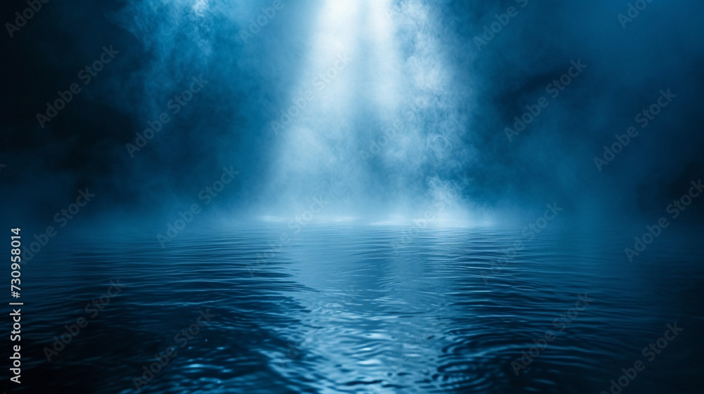 Abstract background - blue water ripple. White spotlight fog stage entertainment background.