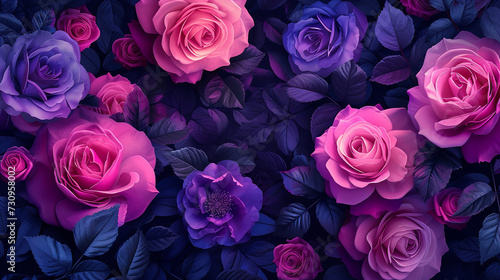 colorful pink and purple roses background, in the style of accurate and detailed, violet, purple