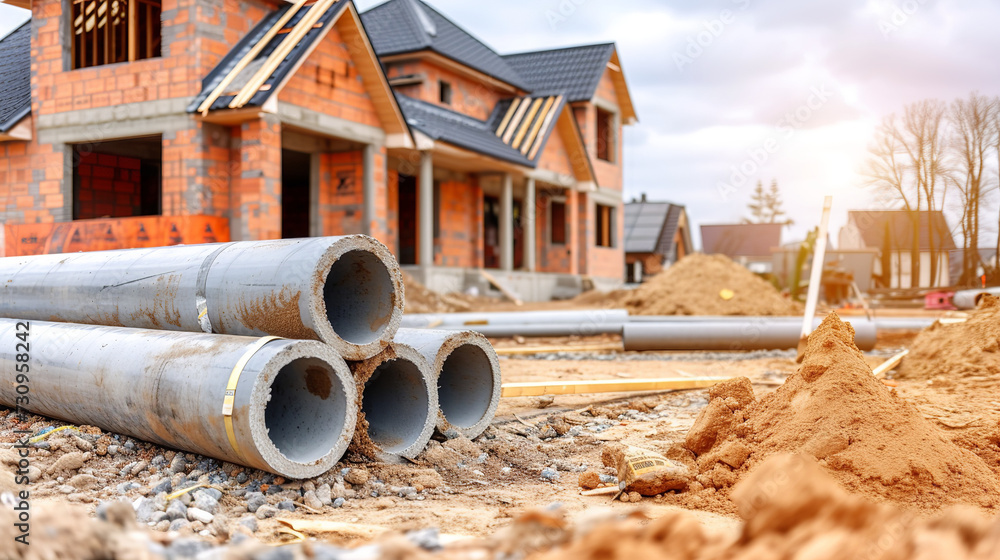 installation of a sewage plastic pipe during the construction of a house installation of a sewage plastic pipe during the construction of a house