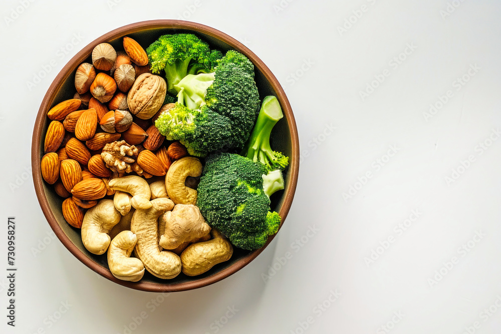 Bowl Filled With Nuts and Broccoli on Table Bowl Filled With Nuts and Broccoli on Table