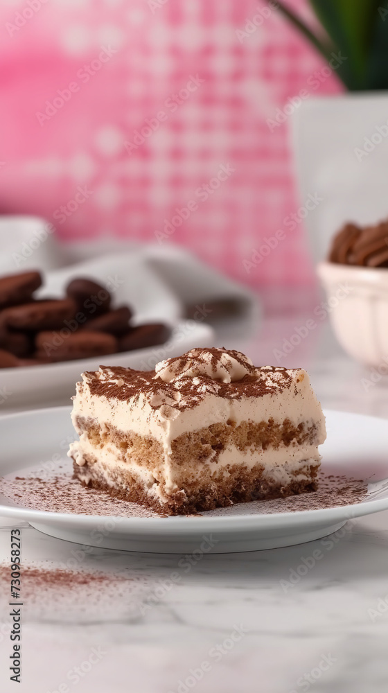 Keto Tiramisu with Mascarpone Cream served on a white plate on a white table and a pink wall in the background Keto Tiramisu with Mascarpone Cream served on a white plate on a white table and a pink wall in the background