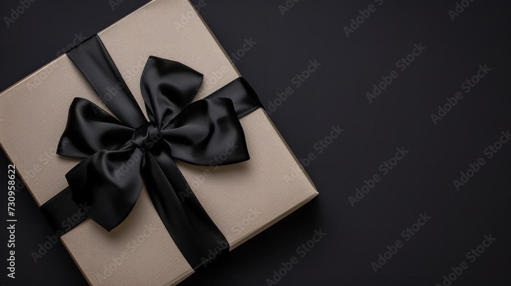 Part of Luxury gift box with black bow on black, copy space Part of Luxury gift box with black bow on black, copy space