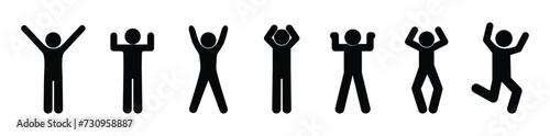 man raises his hands up, people icon, stick figure human silhouette