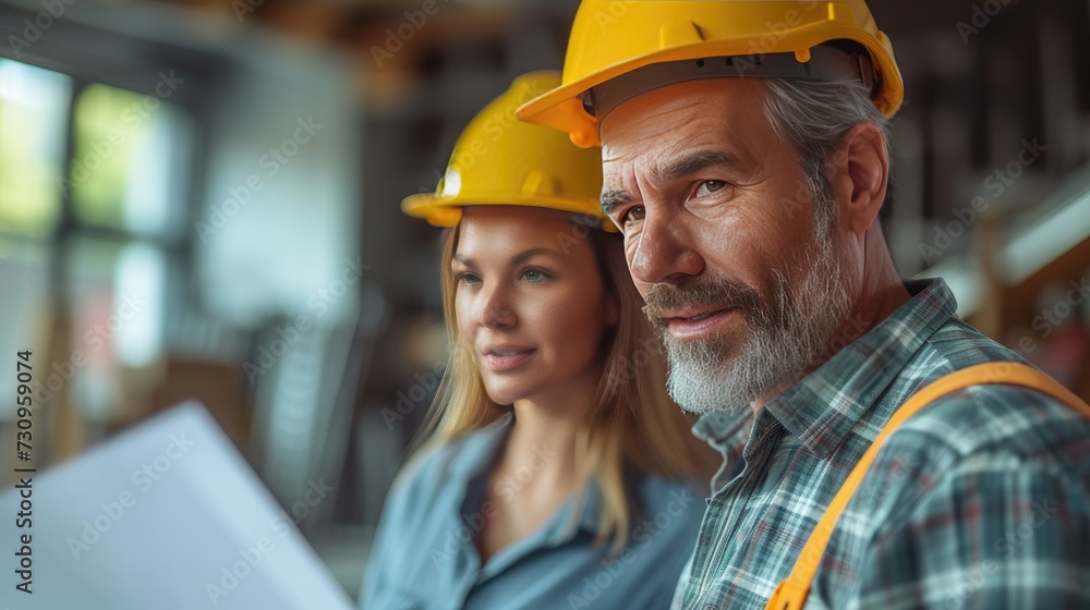 mature man and woman in construction helmets are reviewing building plans indoors. Worker showing house design mature man and woman in construction helmets are reviewing building plans indoors. Worker showing house design