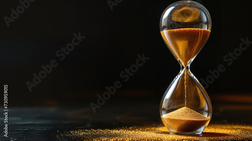 The sands of time trickle through the hourglass on black background © Nate