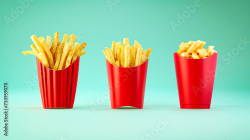 Three Red Containers Filled With French Fries on Blue Background