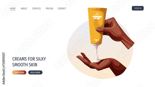 Web design with dark skin hands with tubes of cream. Beauty, skin care, body care, cosmetic concept. Vector illustration for banner, poster, website.